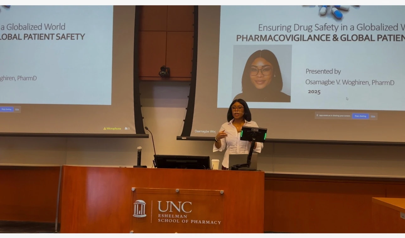 Dr. Osa Woghiren delivering a pharmacovigilance and global patient safety guest lecture at UNC Eshelman School of Pharmacy