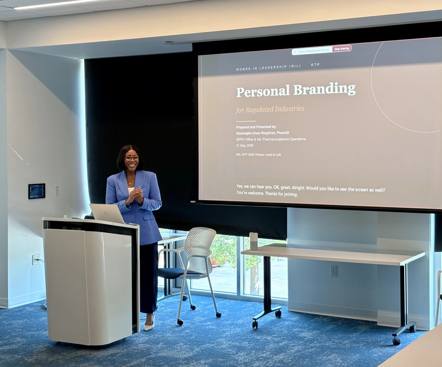 Dr. Osa Woghiren presenting Personal Branding for Regulated Industries at an internal UCB Women in Leadership ERG session